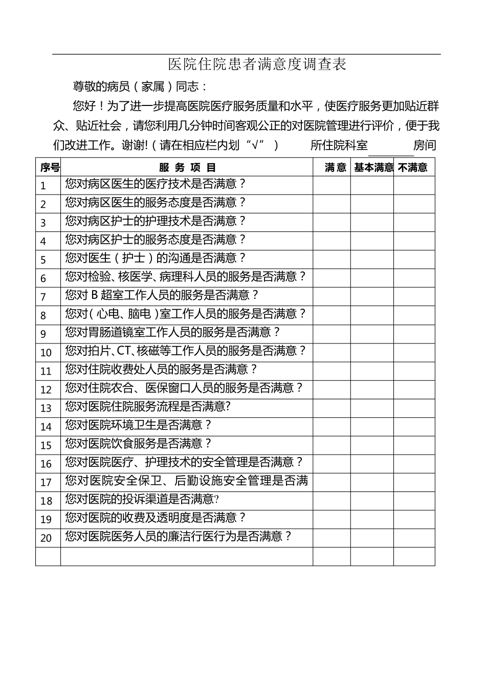 医院各类满意度调查表样表_第1页