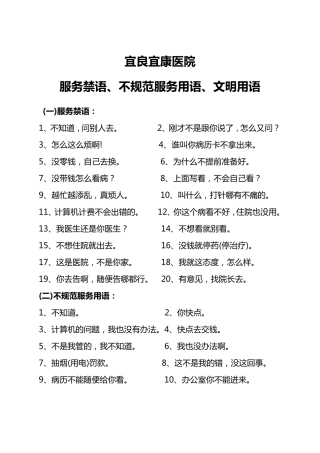 医院服务禁语、不规范服务用语、文明用语