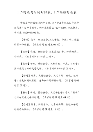 十二时辰与时间对照表