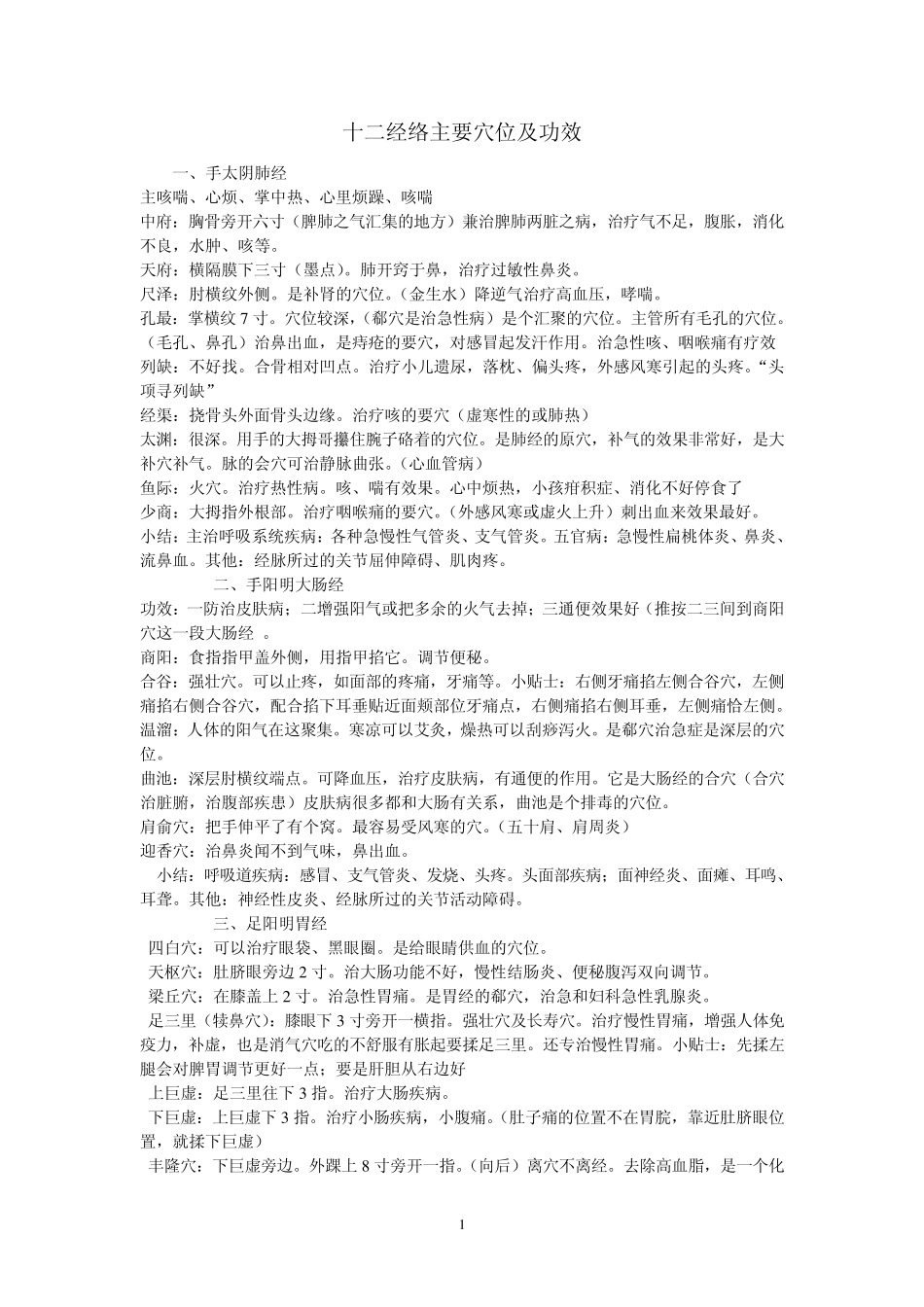 十二经络与任督二脉主穴功效作用_第1页