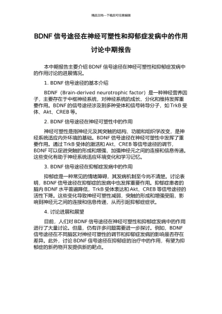 BDNF信号途径在神经可塑性和抑郁症发病中的作用研究中期报告