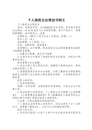 个人独资企业策划书例文