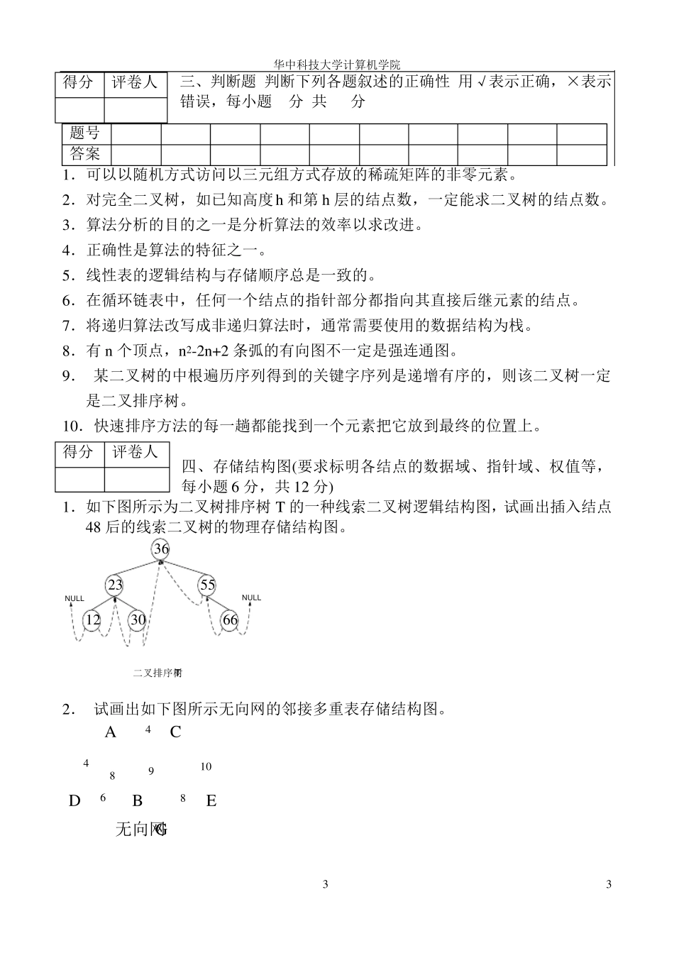 华中科技大学计算机学院数据结构(计算机专业)试题_第3页
