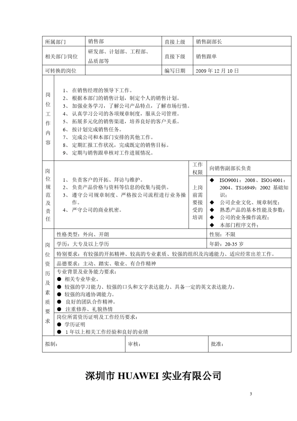 华为岗位职责说明说明书(销售部)_第3页