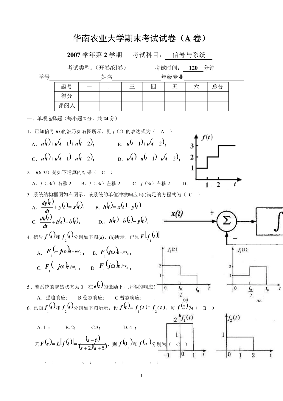 华农大06信号与系统期末考试试卷A解答_第1页