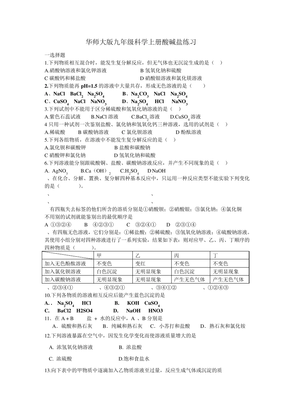 华师大版科学九年级酸碱盐练习题_第1页