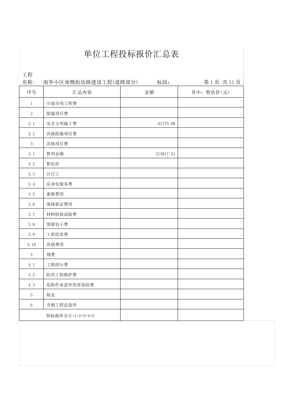 单位工程投标报价汇总表_第1页