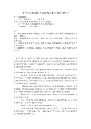 单片机各种通信方式的特点和主要应用场合