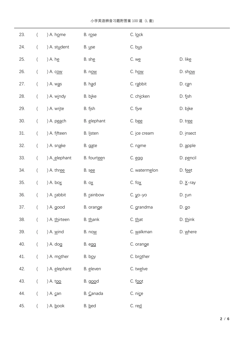 单词发音小学英语辨音习题附答案100道(L套)_第2页