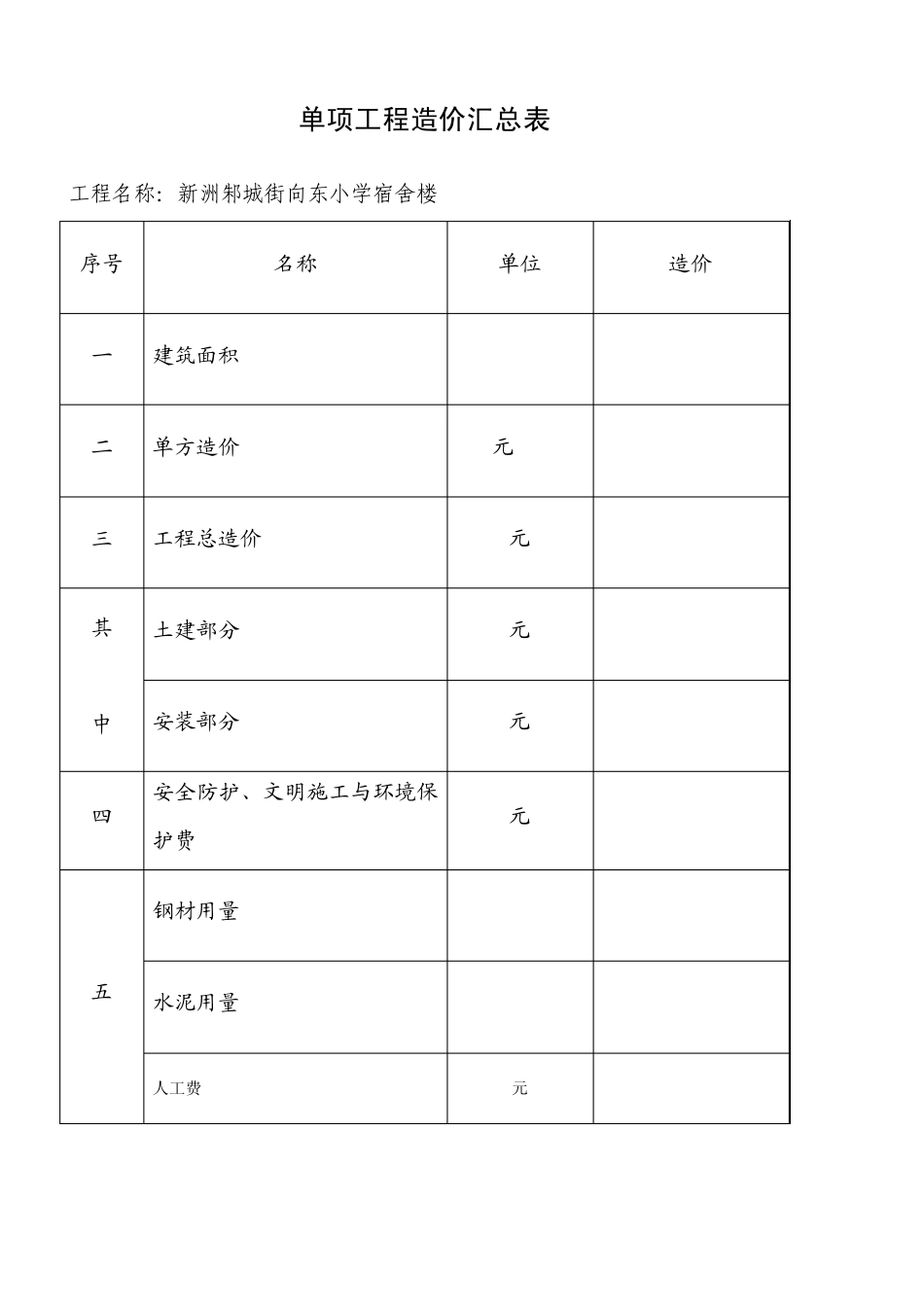 单项工程造价汇总表_第1页