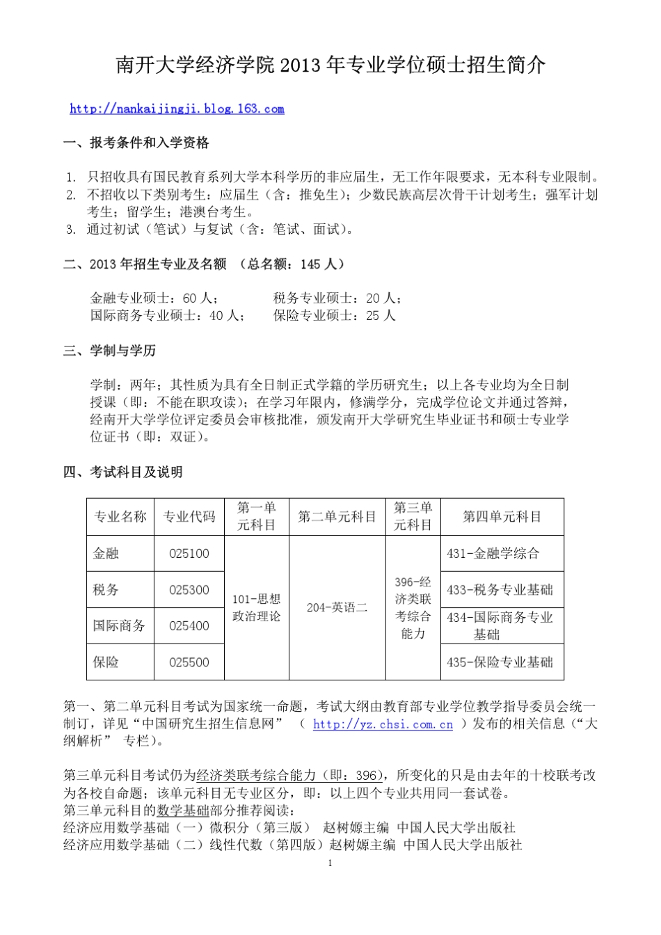 南开大学经济学院2013年专业学位硕士招生简介_第1页
