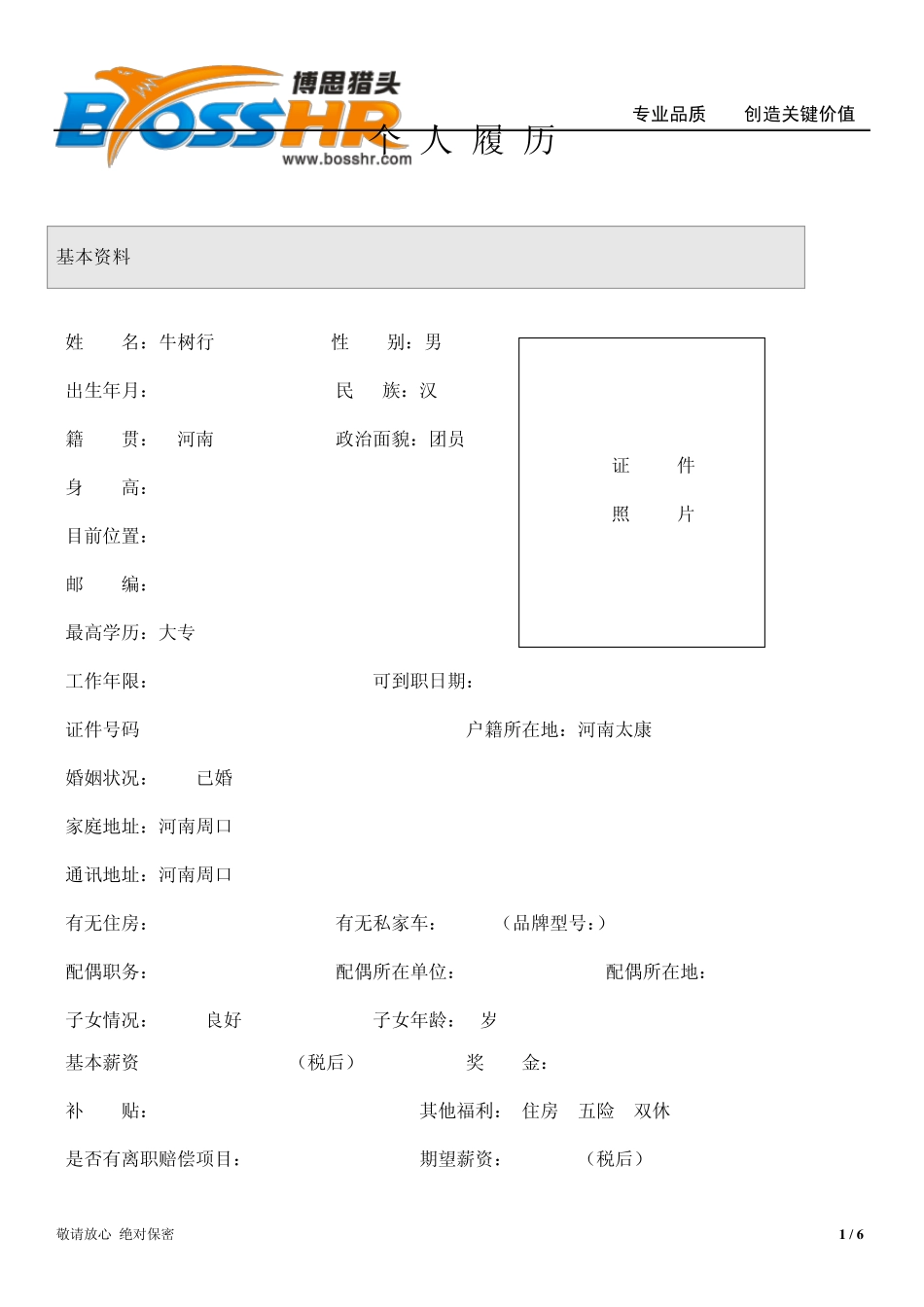 博思猎头候选人简历模板_第1页
