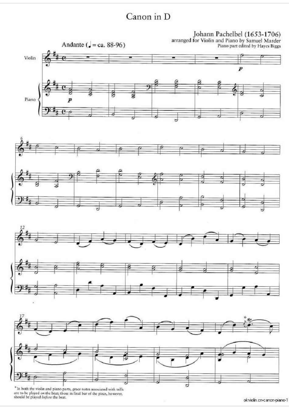 卡农曲谱canoninD钢琴小提琴合奏五线谱_第1页
