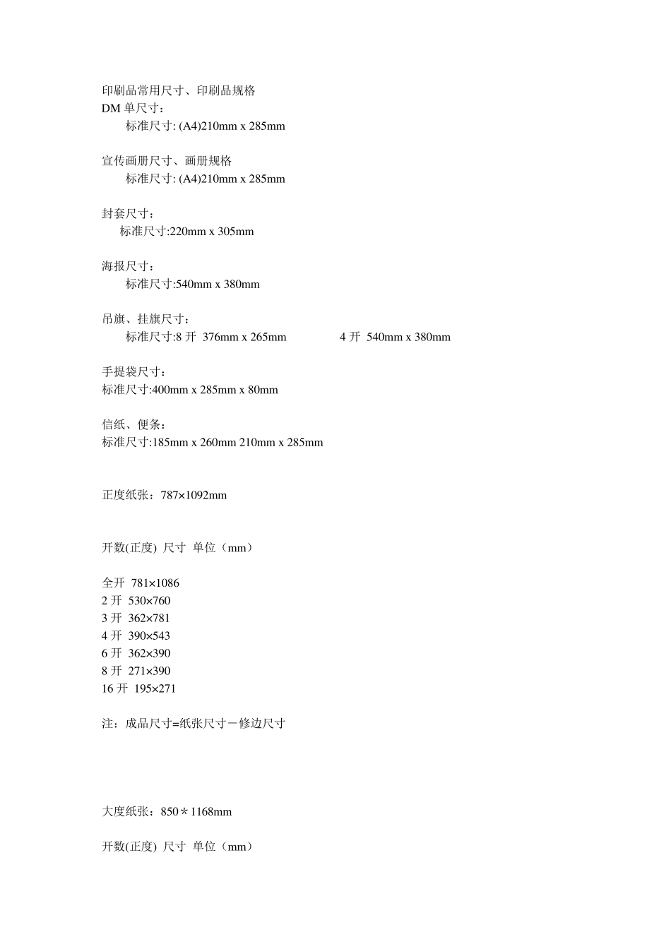 印刷品规格规格表_第1页