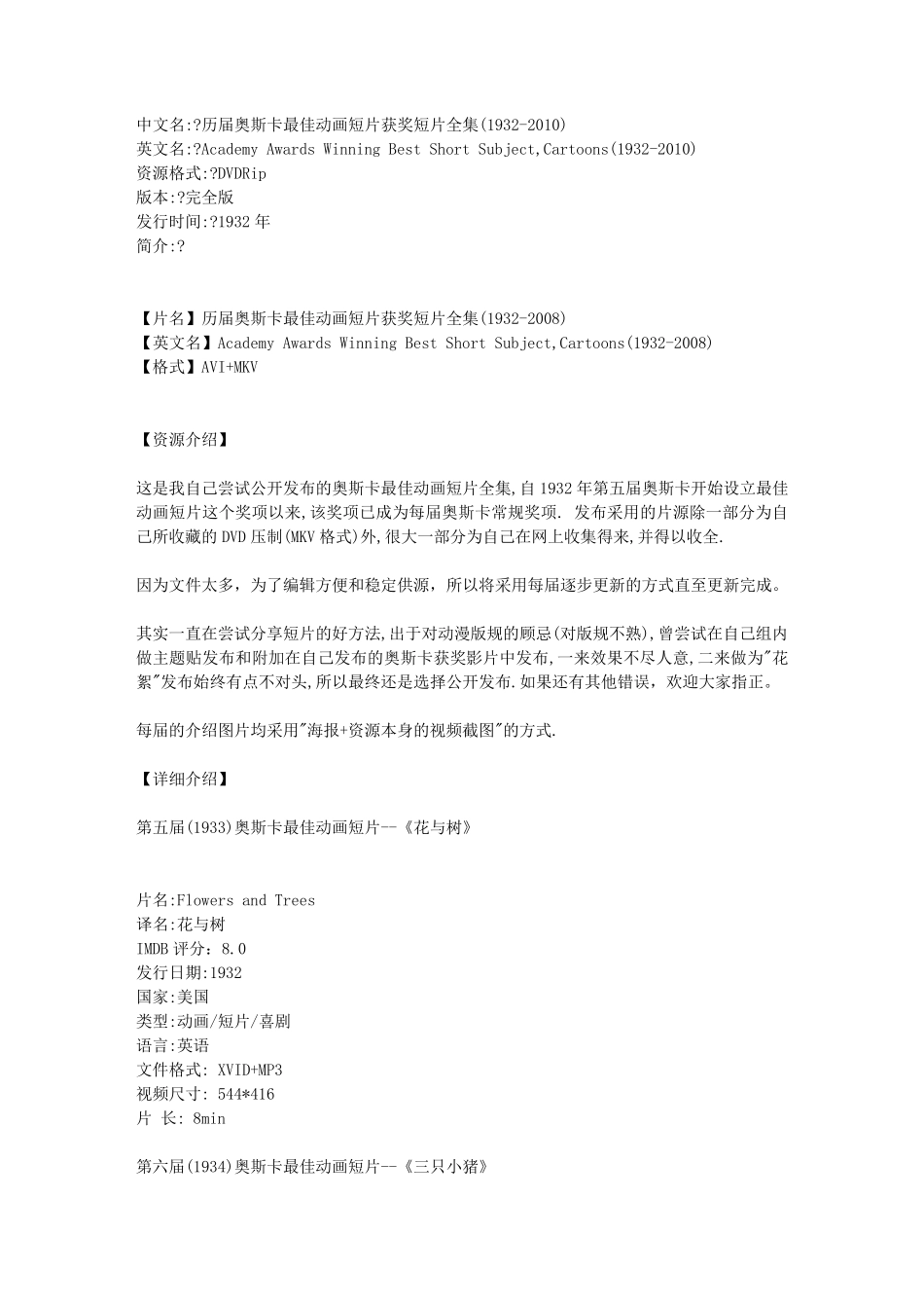 历届奥斯卡最佳动画短片获奖短片全集_第1页