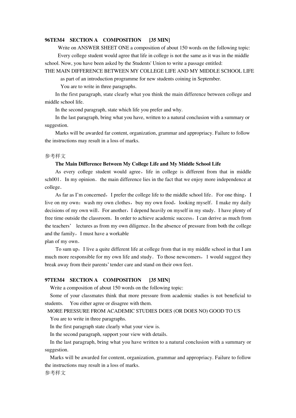 历年专四作文题目及样文_第1页