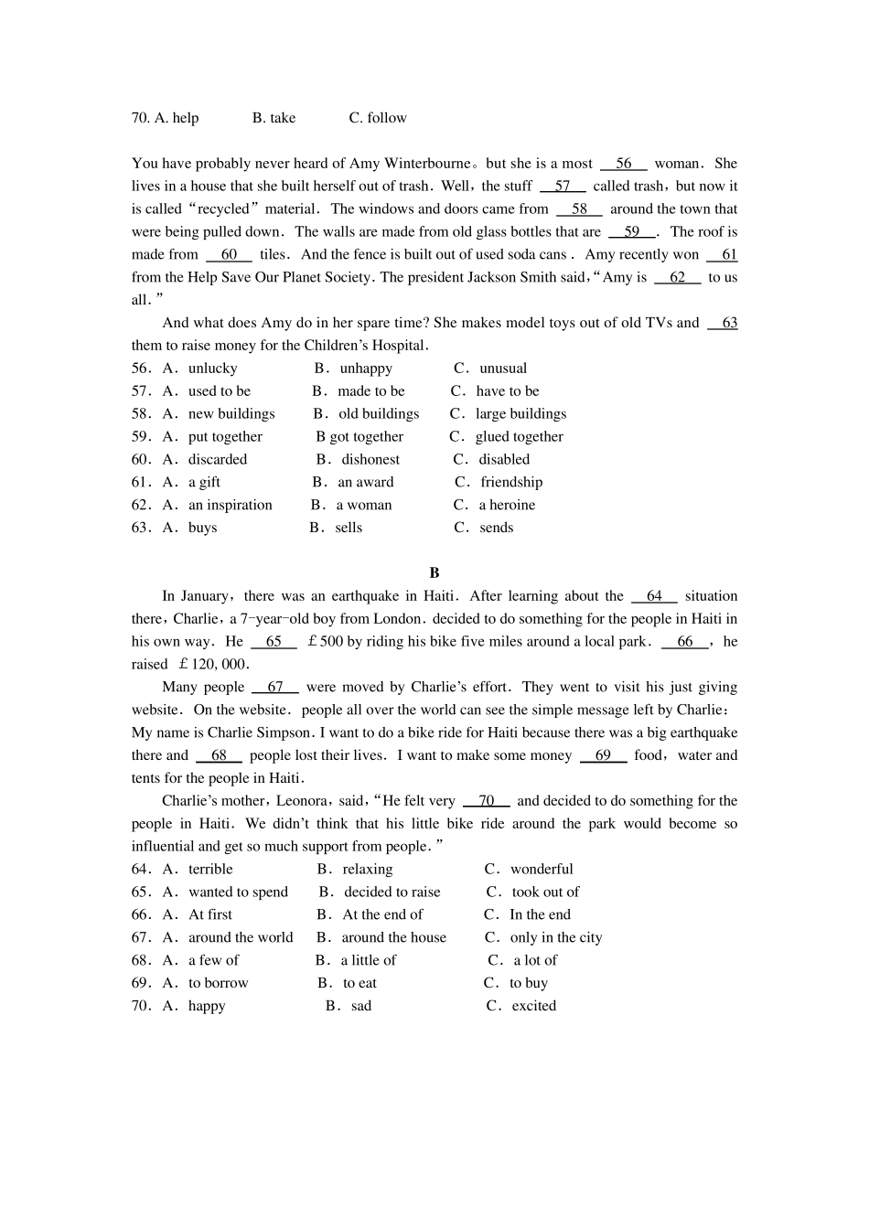 历年中考完形填空真题_第3页