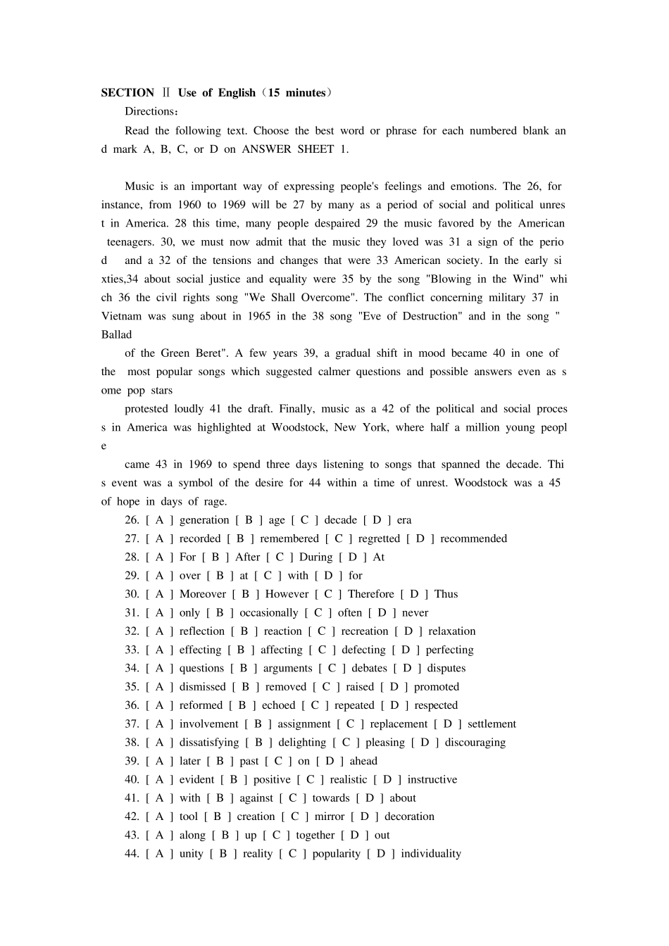 历年公共英语三级完型真题及答案_第1页