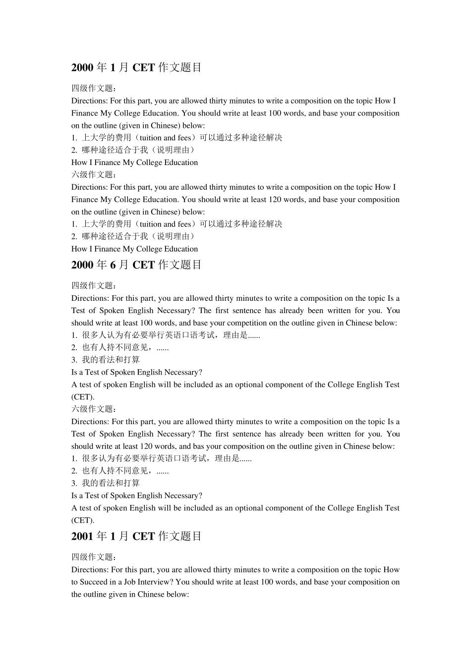 历年四六级作文题目汇总_第1页