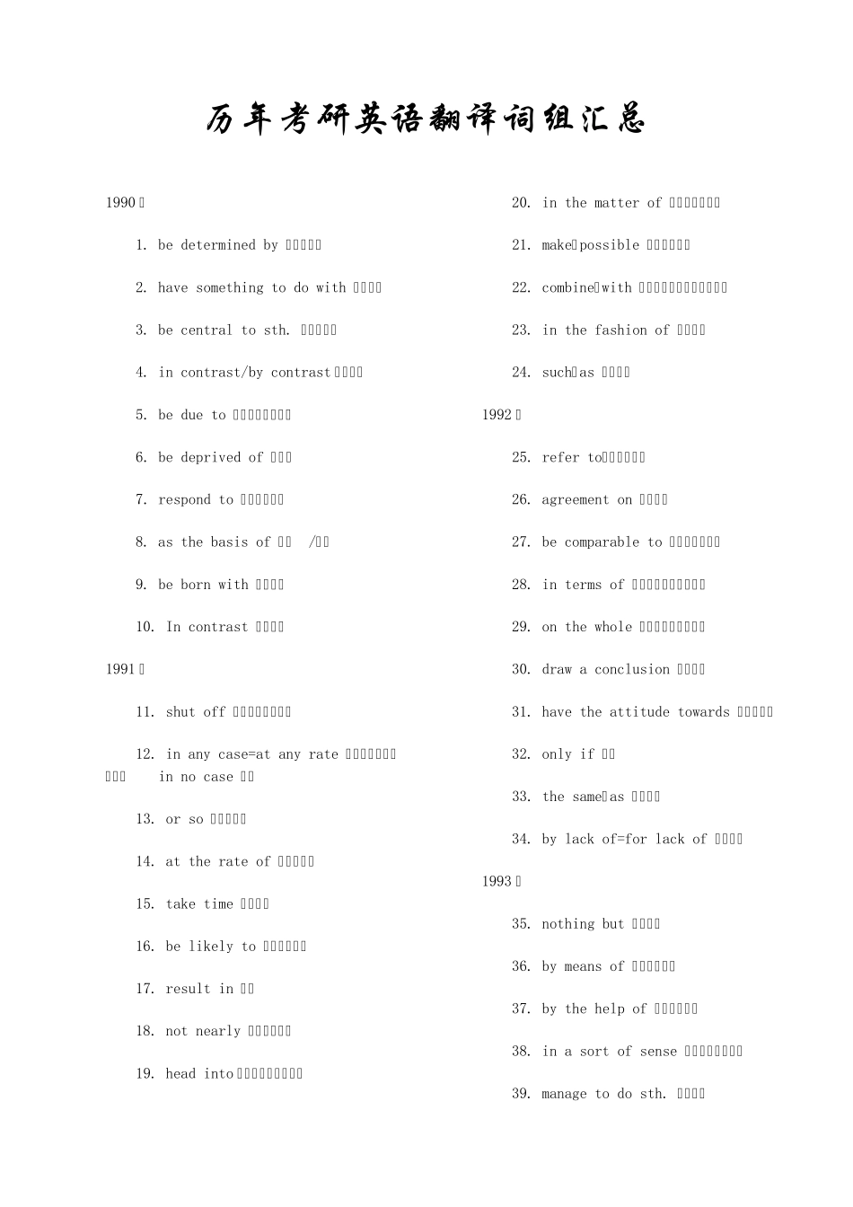 历年考研英语翻译词组汇总完整清晰版_第1页