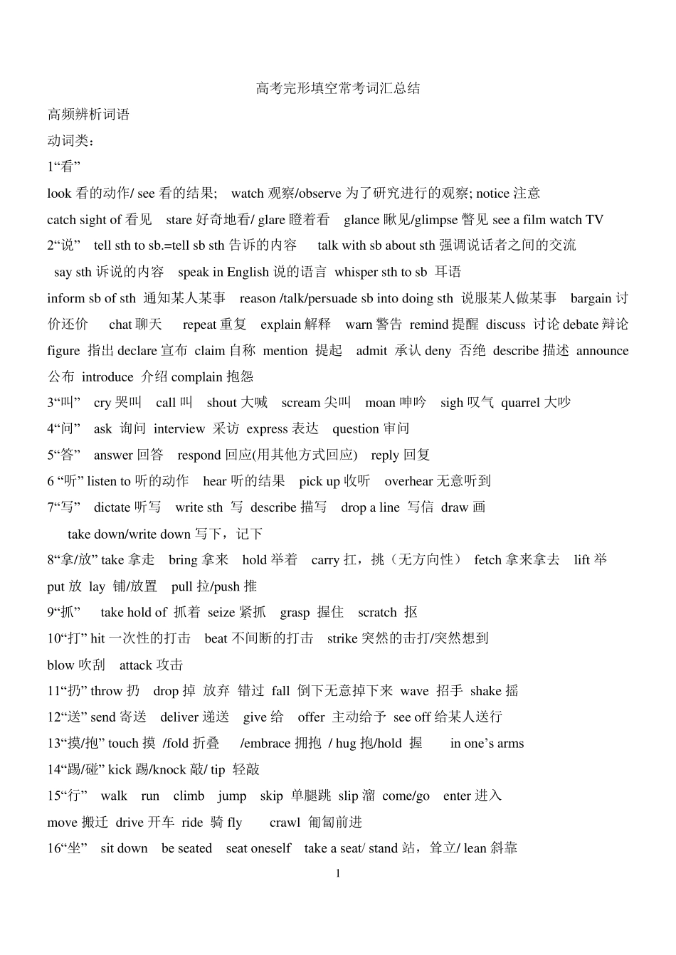 历年高考完形填空常用词汇总结_第1页