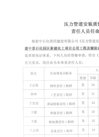 压力管道安装质保体系任命文件及资质证书