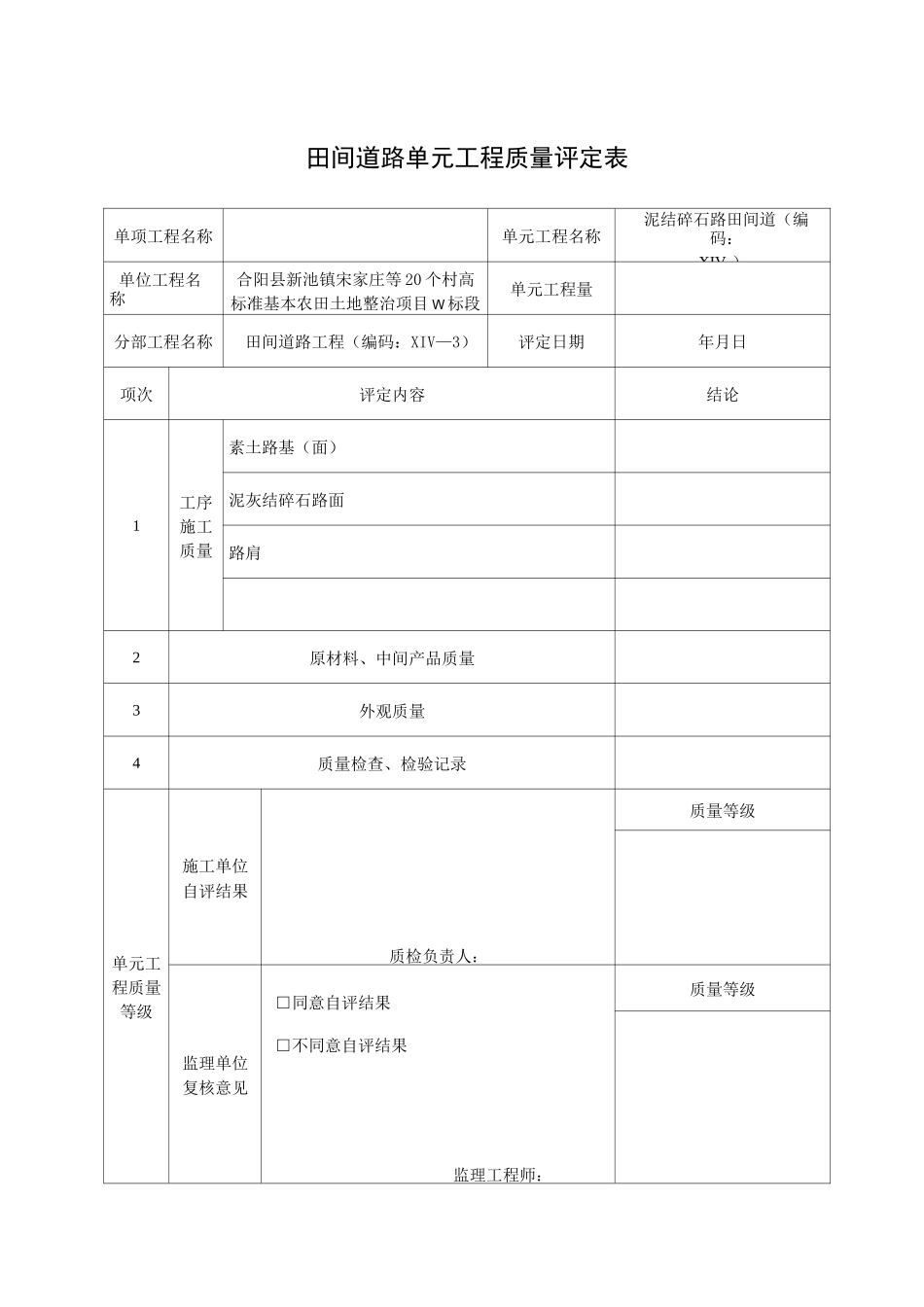田间道路单元工程质量评定表-范本模板_第1页