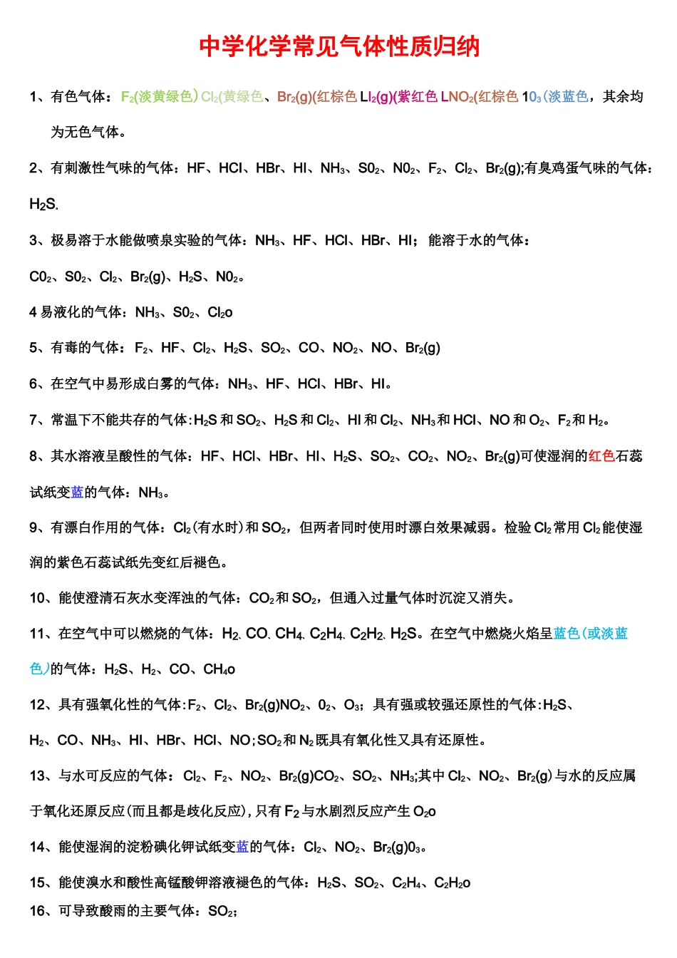 中学化学常见气体性质归纳_第1页