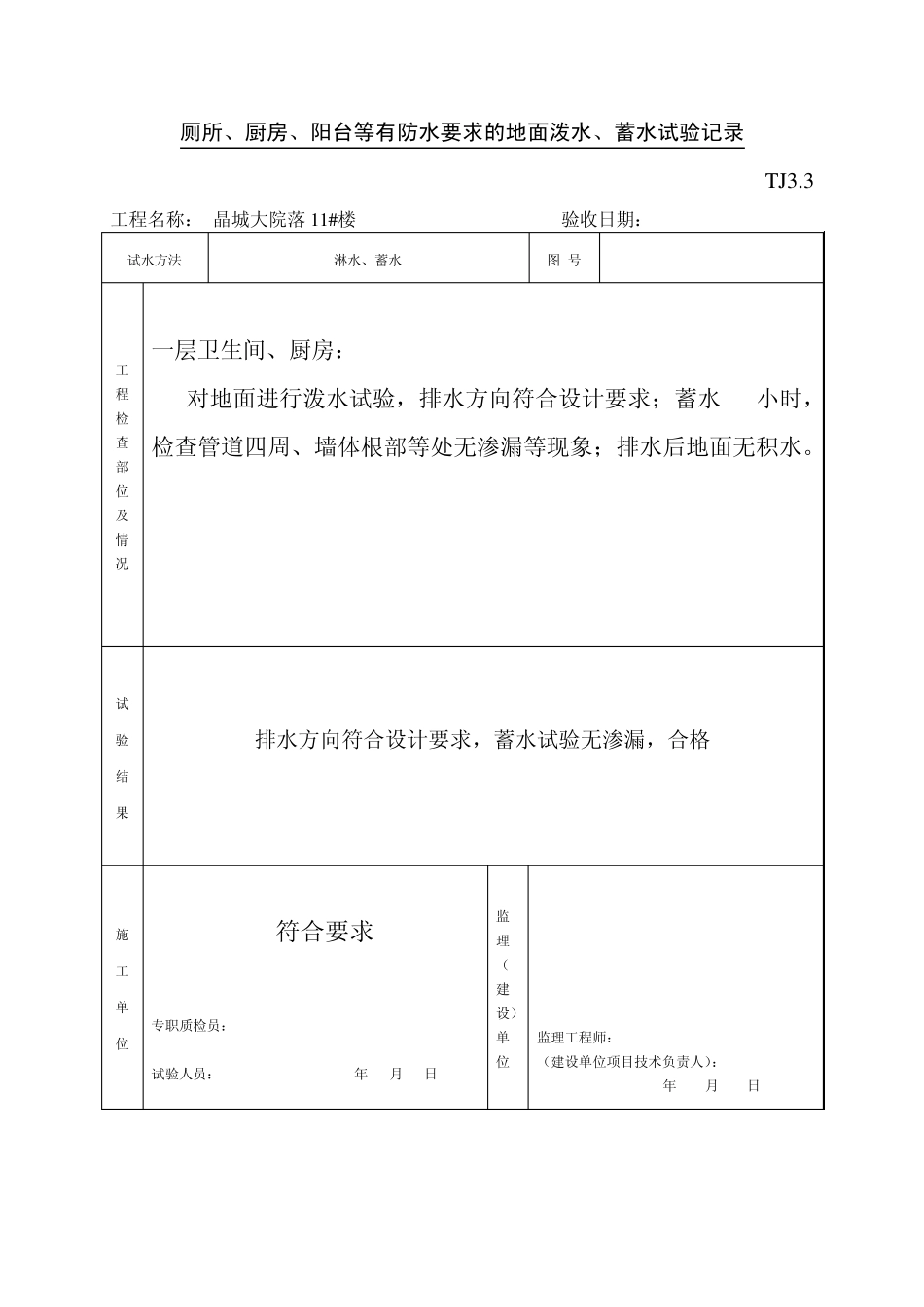 厕所、厨房、阳台等有防水要求的地面水、蓄水试验记录_第1页