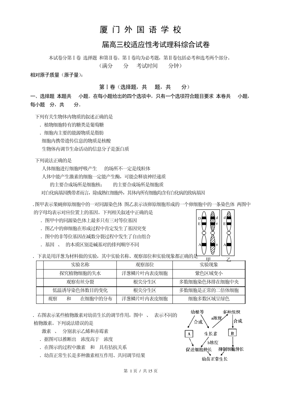 厦门外国语学校2014届高三校适应性考试理综含答案_第1页