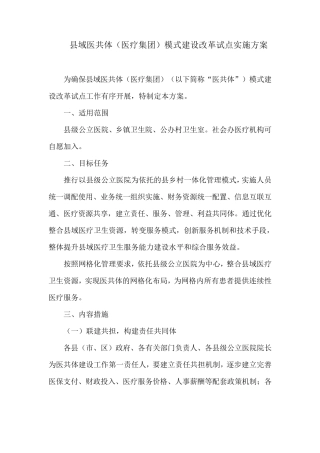 县域医共体(医疗集团)模式建设改革试点实施方案