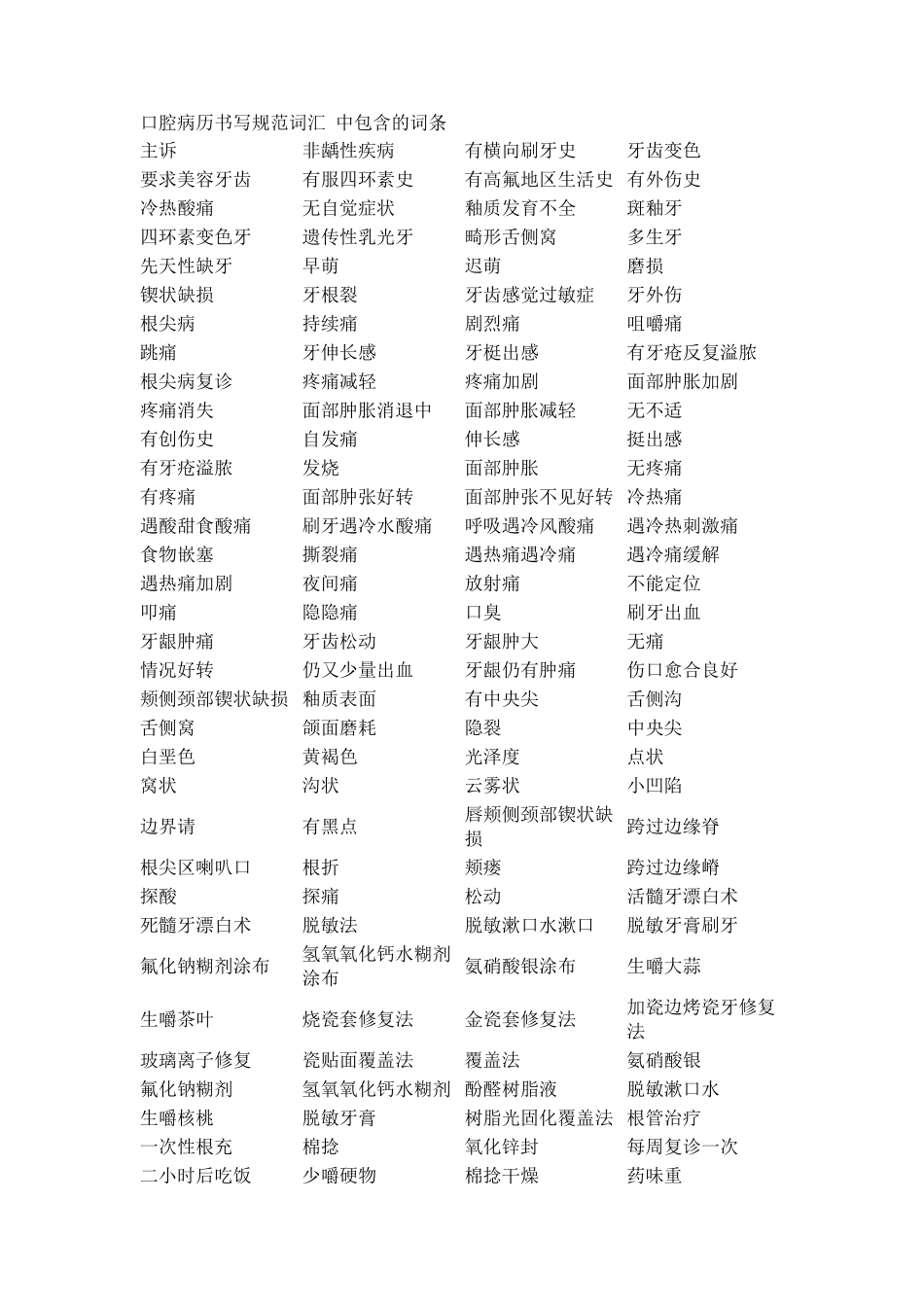 口腔病历书写规范词汇_第1页