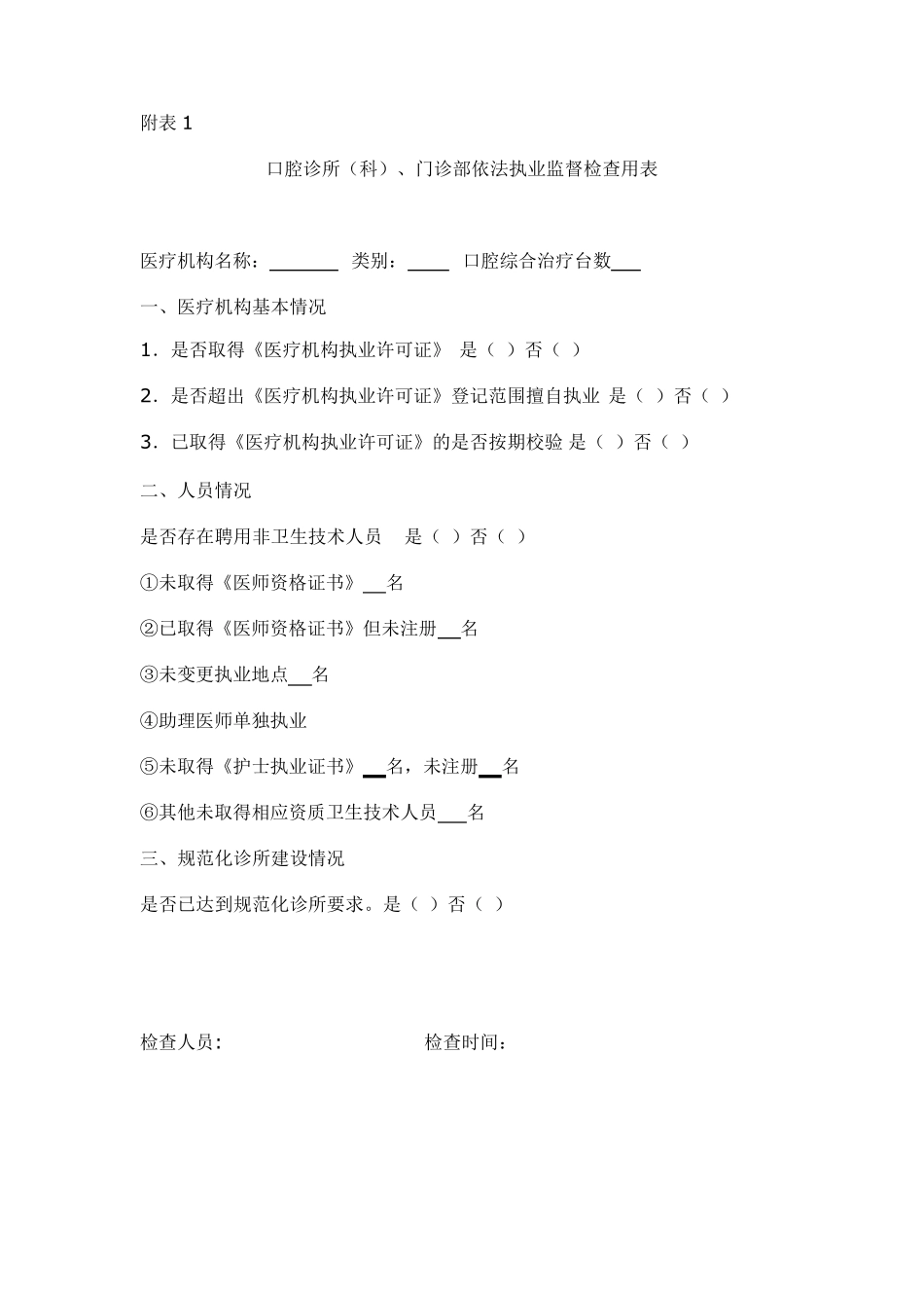 口腔诊所(科)、门诊部依法执业监督检查用表_第1页