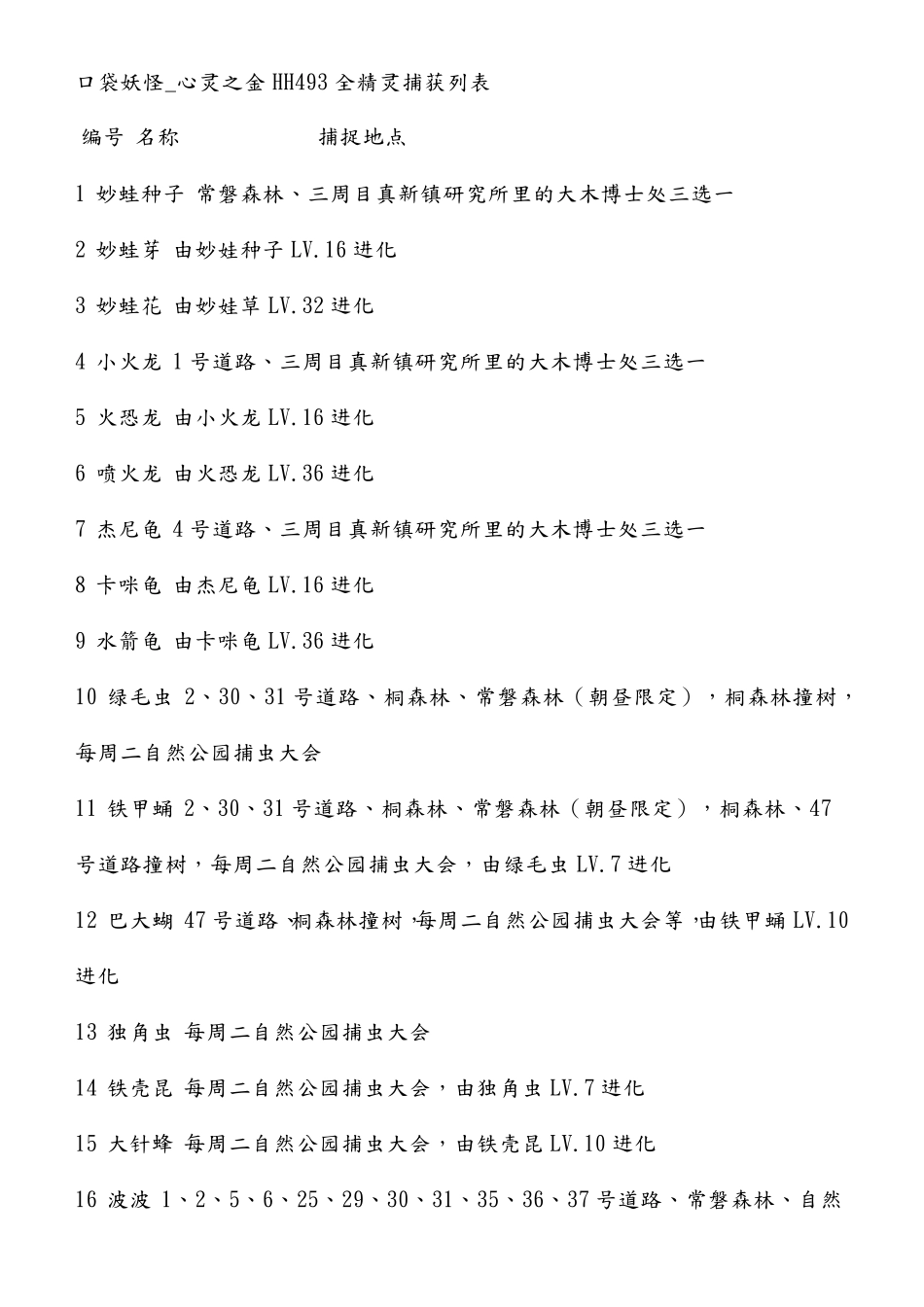 口袋妖怪_心灵之金HH493全精灵捕获列表_第1页