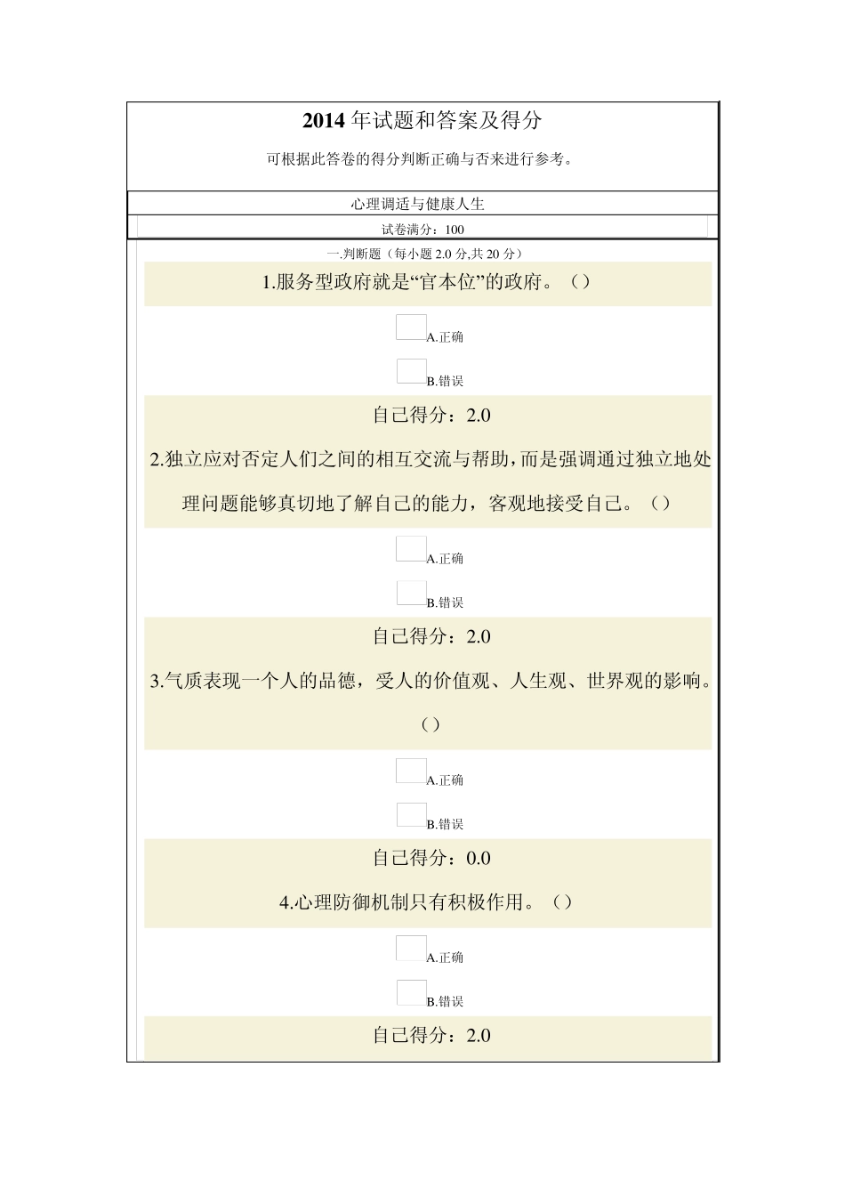 可根据所选答案的得分来参考的2014年心理调适与健康人生试题与答案(个人90分卷子)_第1页