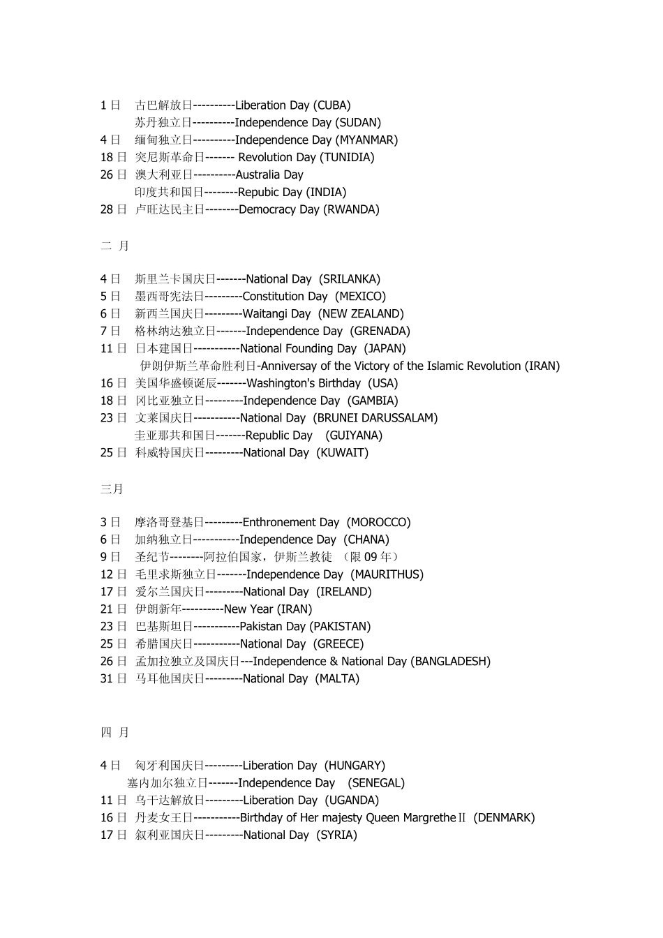 各个国家节日一览表_第2页