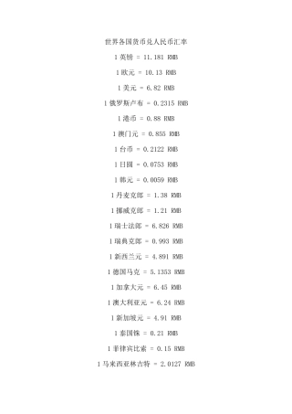 各国货币兑人民币汇率表