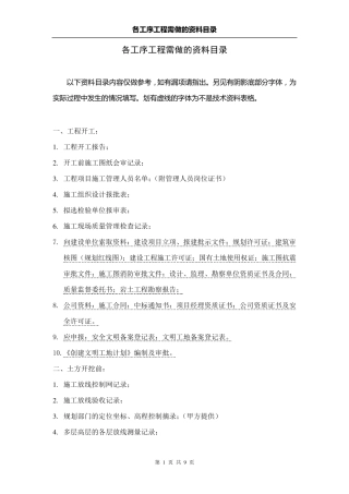 各工序工程应做的资料目录