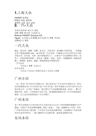 各汽车品牌旗下汽车大全