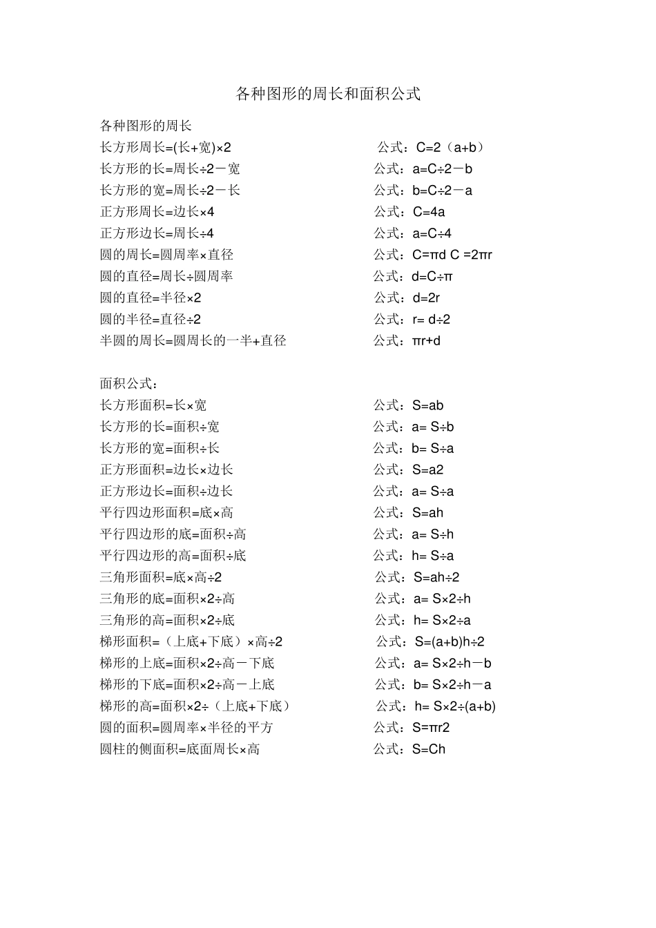 各种图形的周长和面积公式_第1页