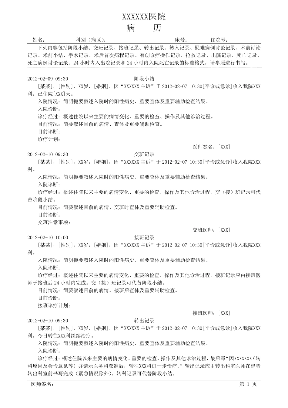 各种病程记录模板_第1页