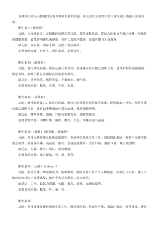 各种维生素及其作用对主要几种维生素的功能