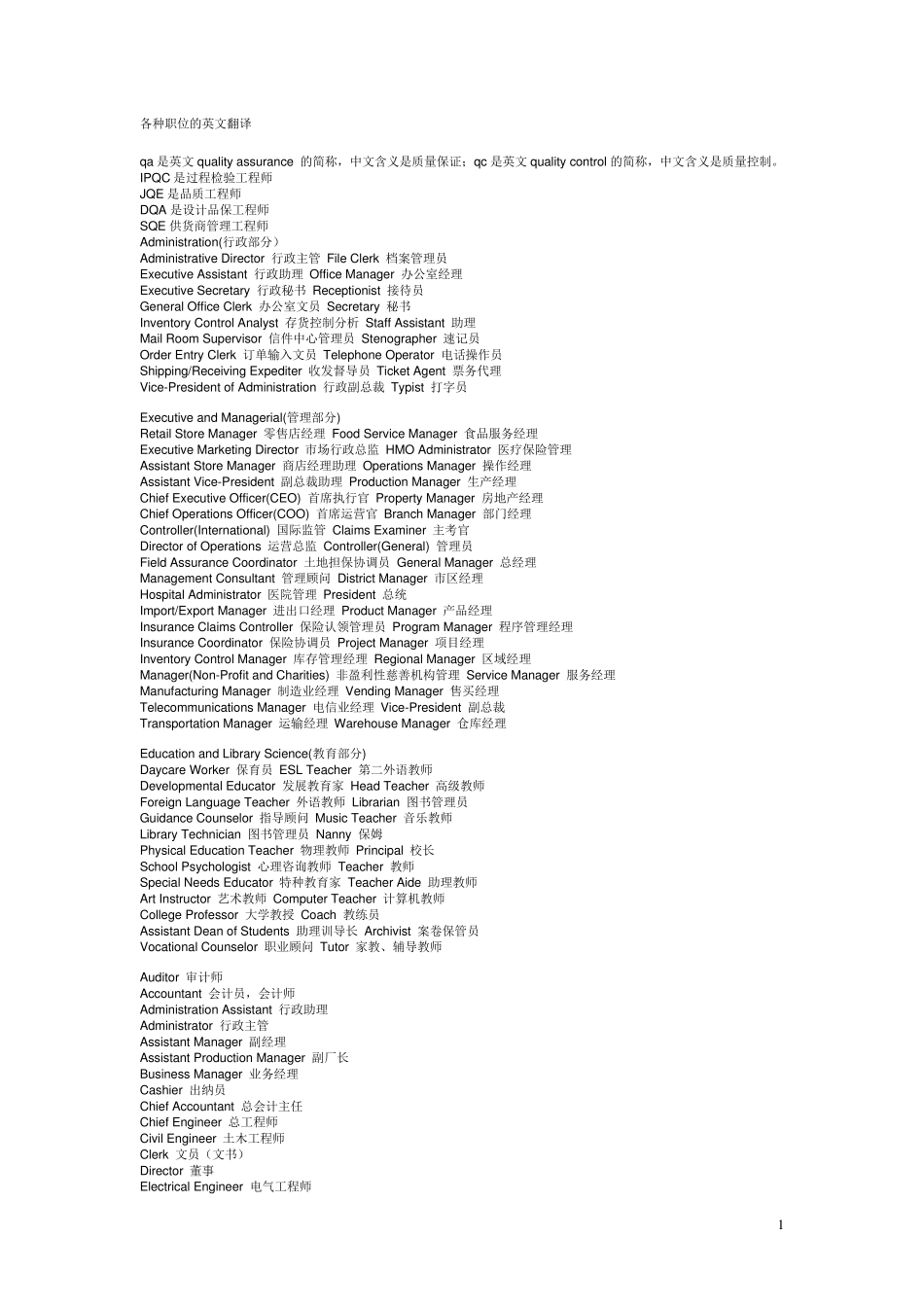 各种职位的英文翻译_第1页