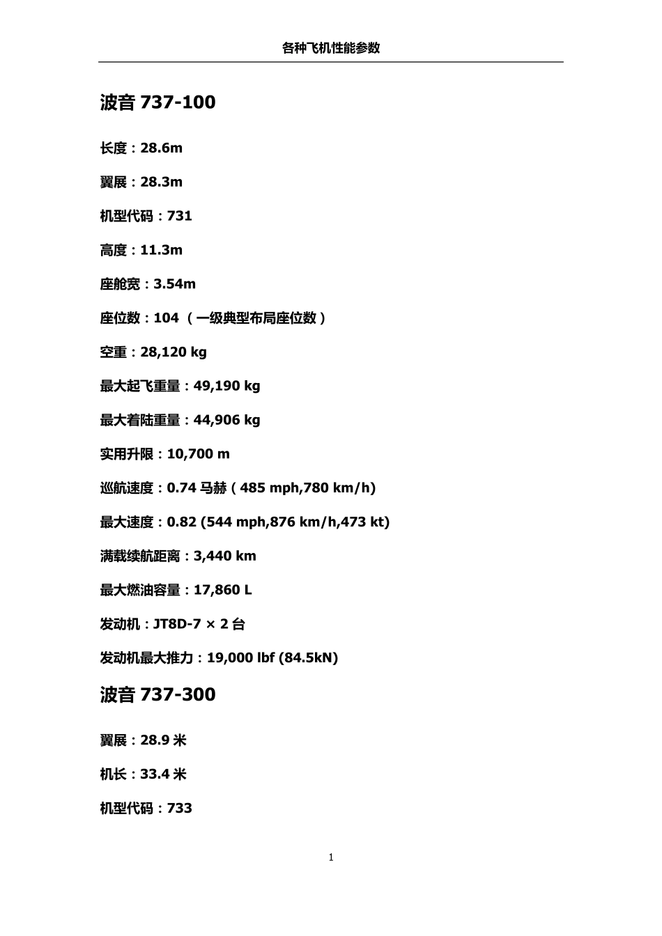 各种飞机数据_第1页