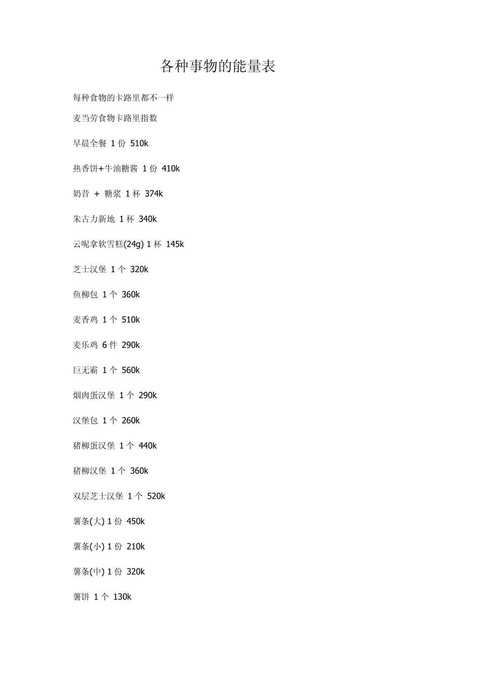 各种食物的能量表_第1页