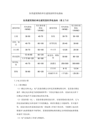 各类建筑物的单位建筑面积用电指标