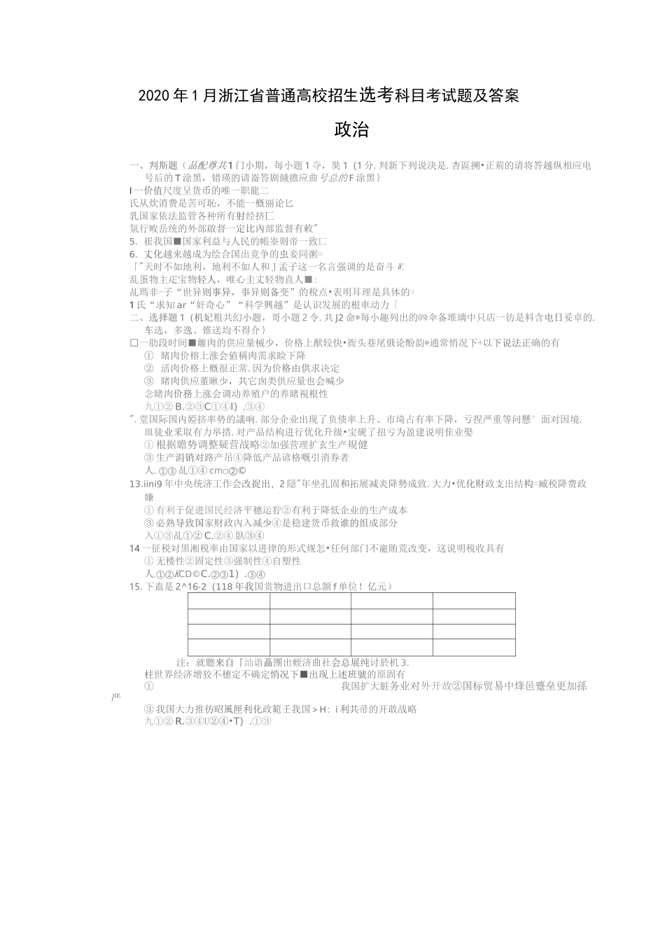 2020年1月浙江省普通高校招生选考科目考  政治试题及答案_第1页