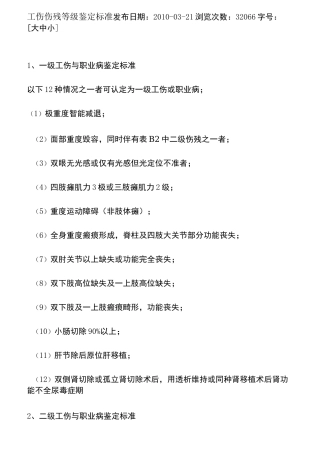 工伤伤残等级鉴定标准