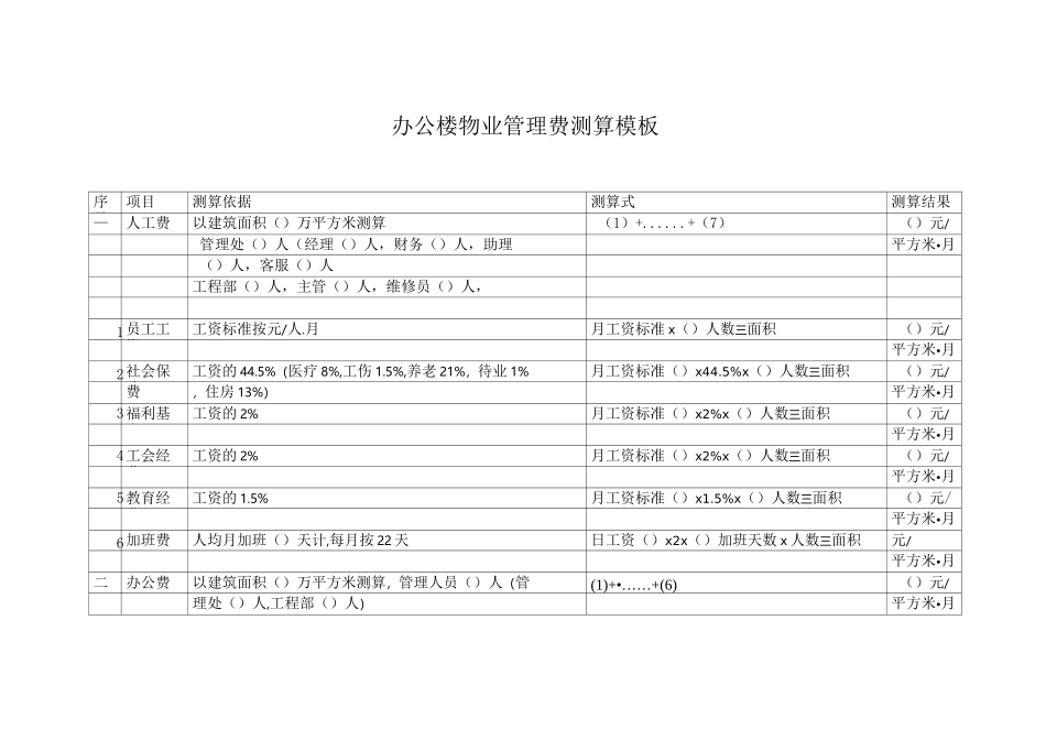 办公楼物业管理费测算模板_第1页