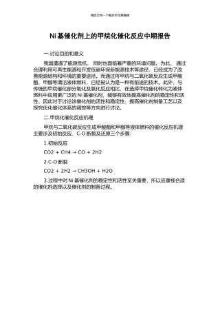 Ni基催化剂上的甲烷化催化反应中期报告